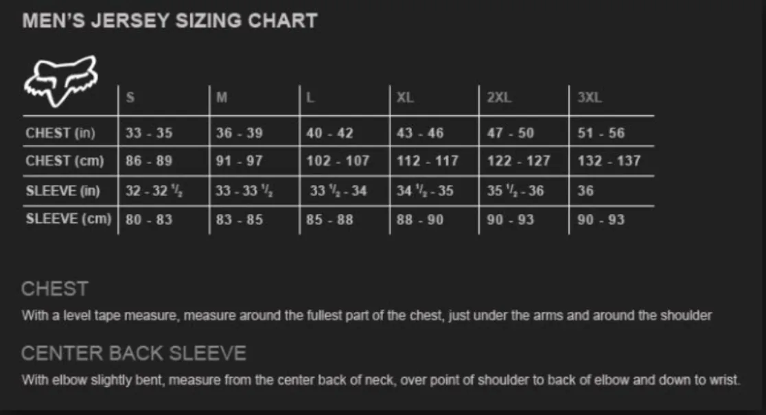 Fox Mens jersery sizing chart