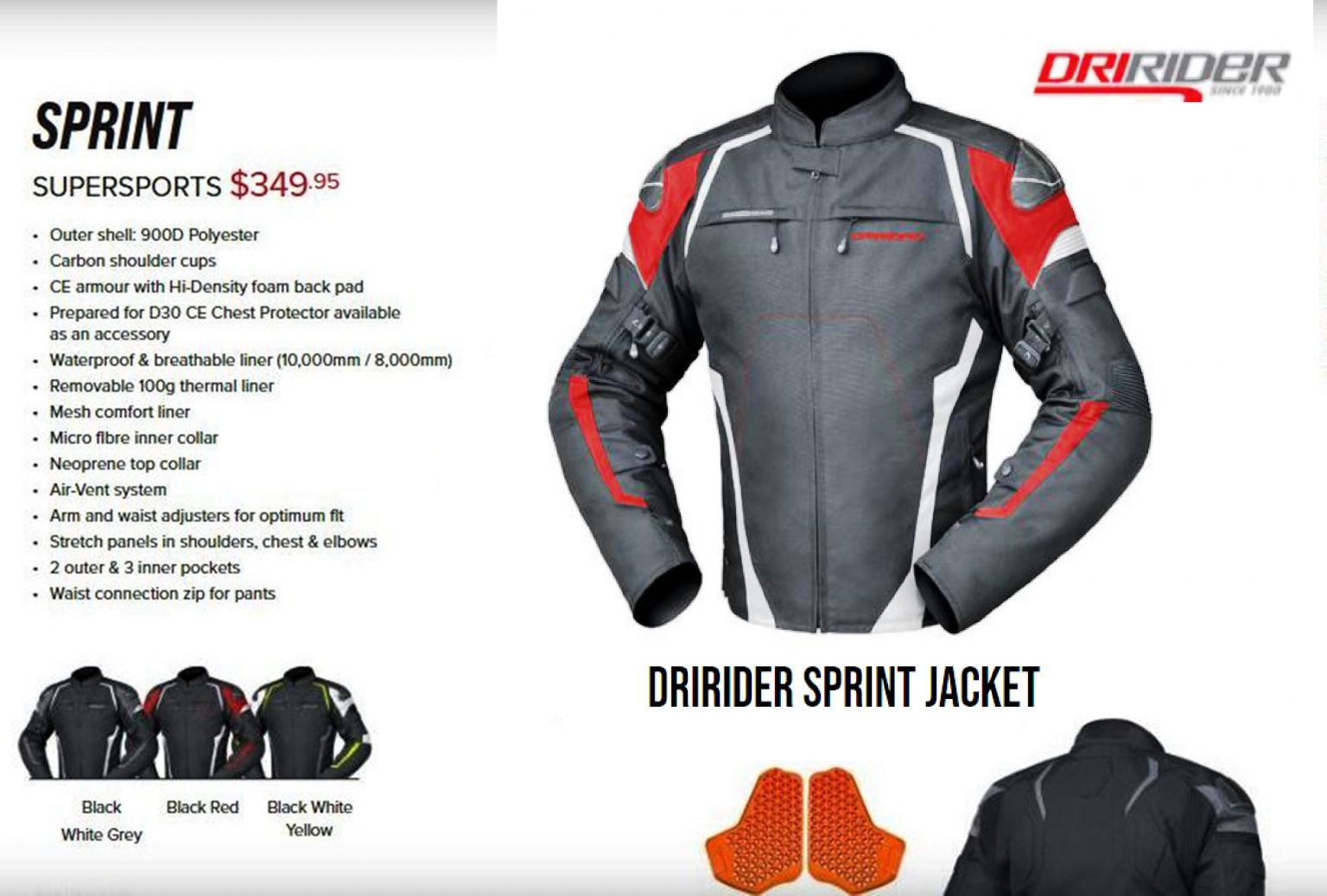 DRIRIDER Sprint Motorcycle Jacket rrp $349 Blk/ Red Mens Road Motorbike