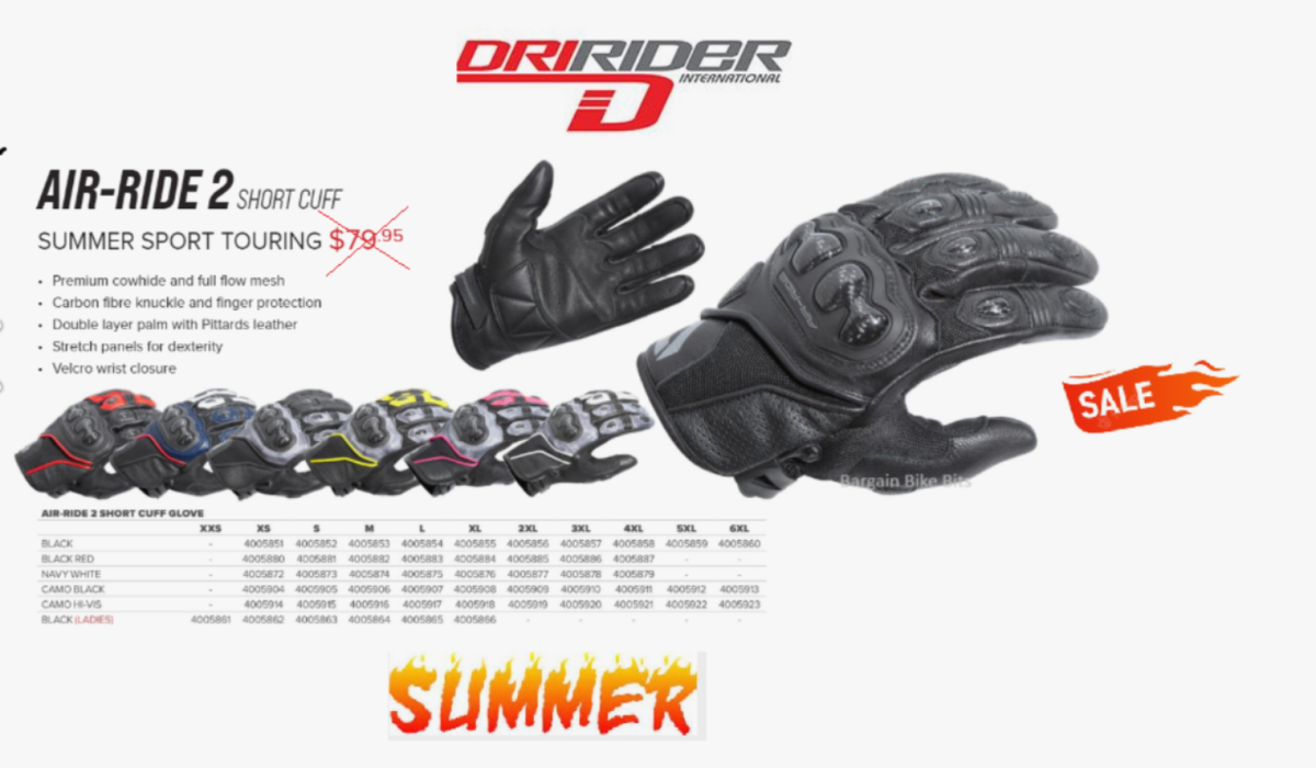 DRIRIDER Air Ride 2 Short Cuff Motorcycle Gloves Black Summer Road Motorbike